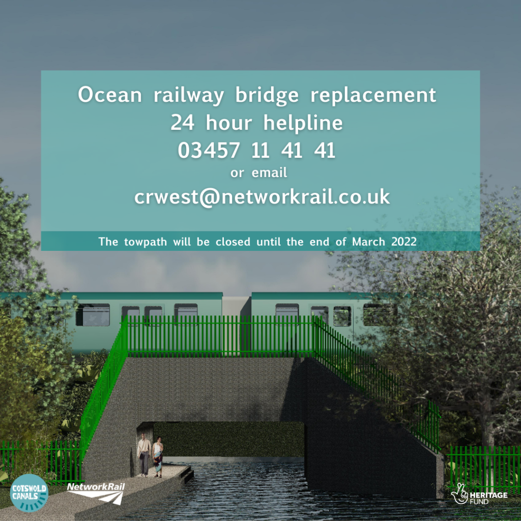 Graphic of how Ocean Railway Bridge will look once completed with the text "Ocean Railway Bridge Replacement 24 hour helpline - 03457 11 41 41 or email crwest@networkrail.co.uk - The towpath will be closed until the end of March 2022