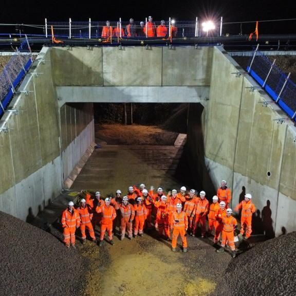 Network Rail staff under newly installed Ocean Railway Bridge